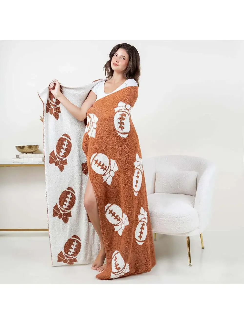 Super Soft Football Bow Print Brushed Poly Microfiber Throw Blanket